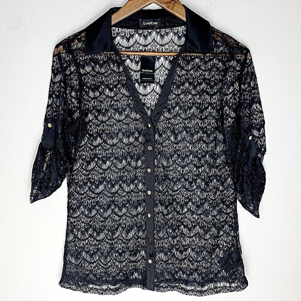 Bebe Doris 3/4 Sleeve Stretch Lace Shirt in Black - Picture 3 of 8